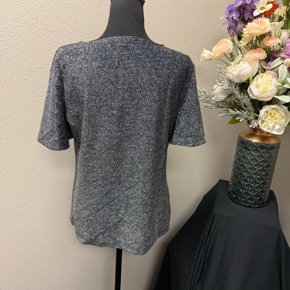 Ann Taylor Shimmer Metallic Short Sleeve Top in Navy Blue – Size M - Picture 4 of 9